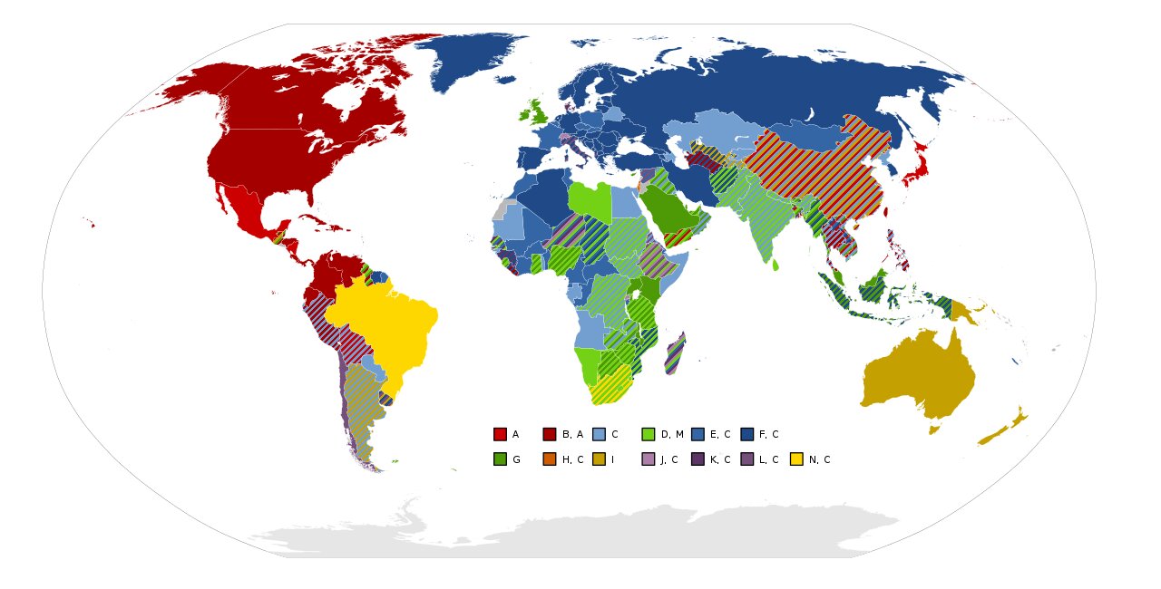 世界各国电源插头插座类型分布图